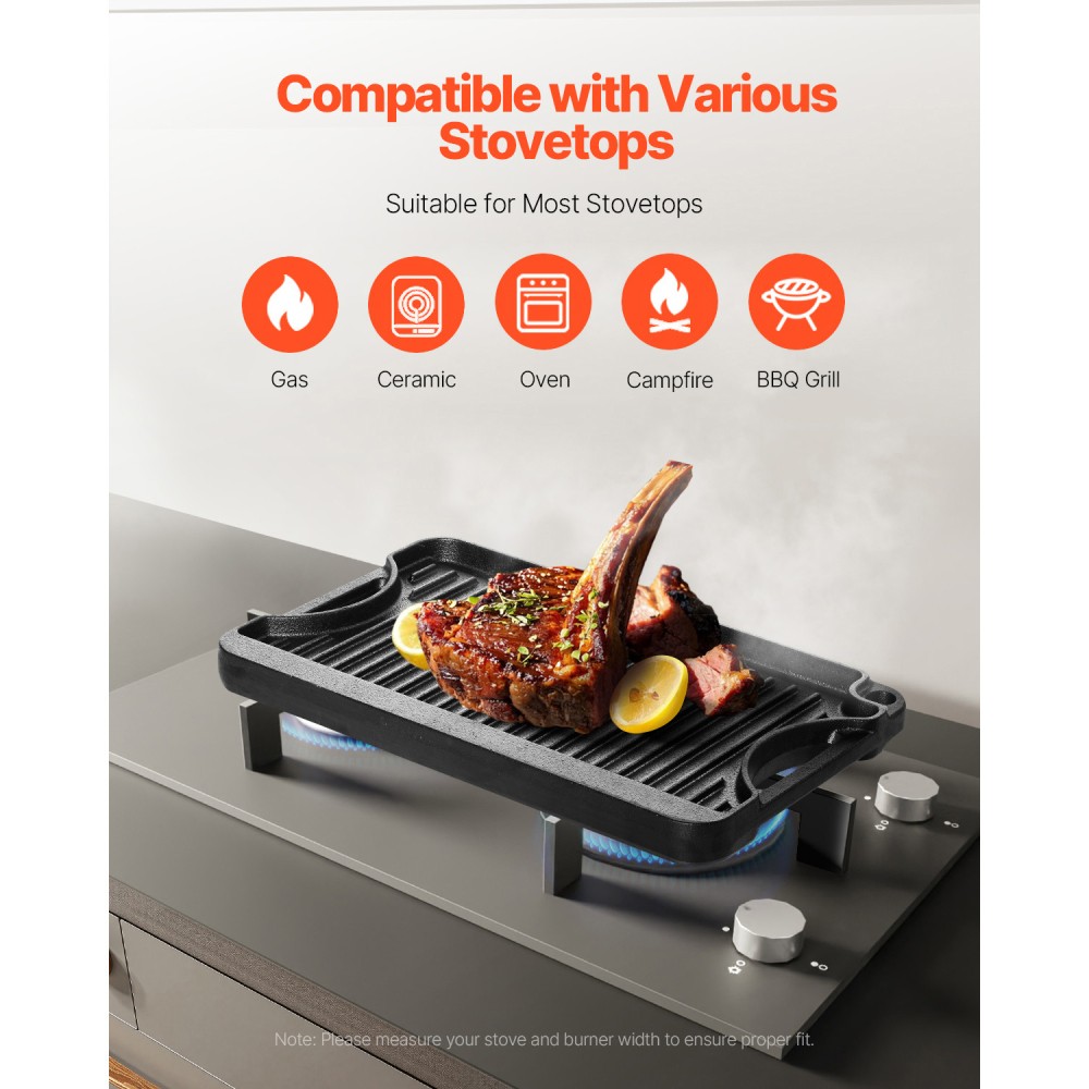 14×8.5 Inch Reversible Cast Iron Grill Griddle Pan Pre-Seasoned BBQ Cookware