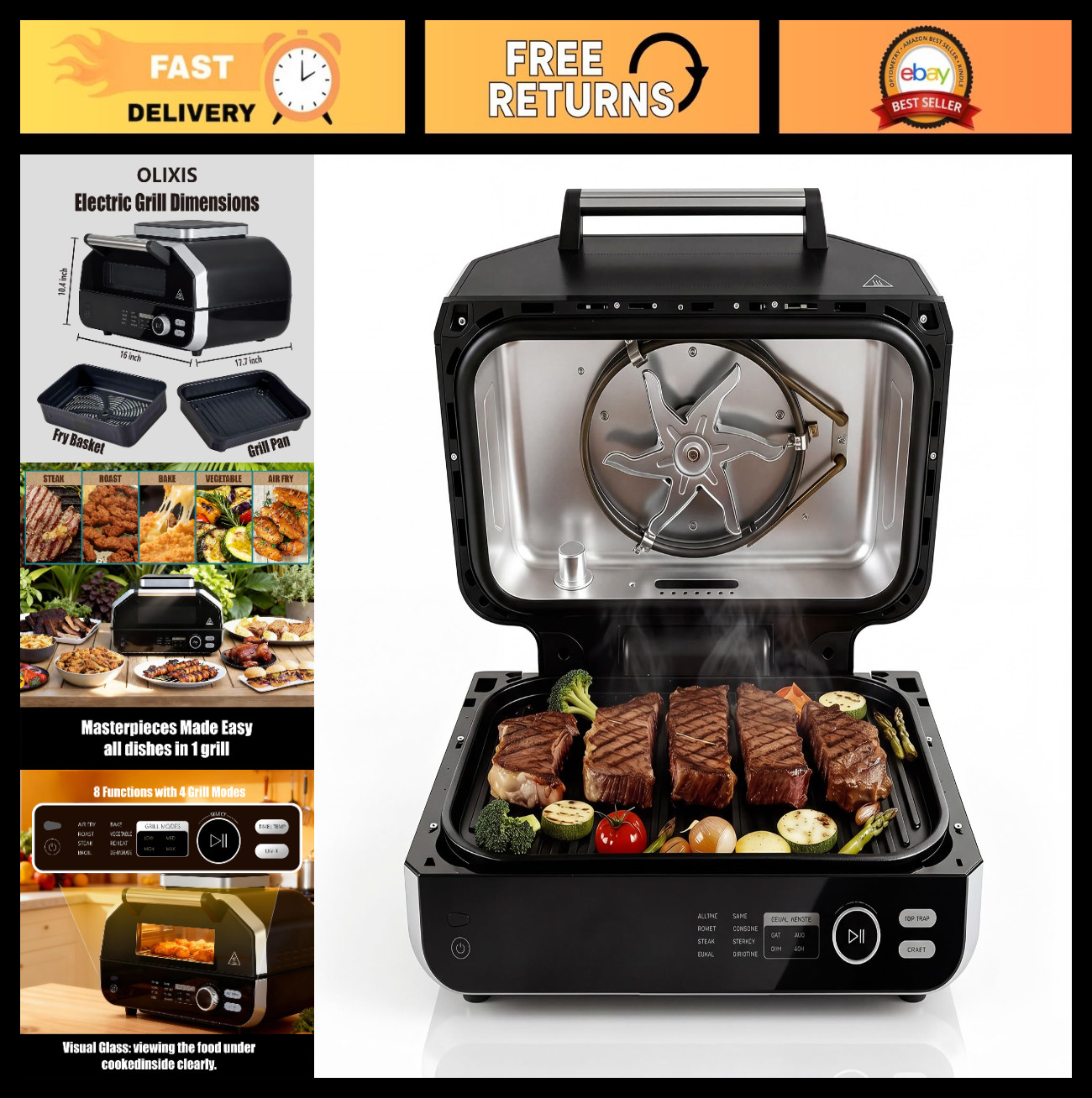 8-in-1 Electric Grill Indoor/Outdoor BBQ, Non-Stick, Air Fry, Bake, Roast, Dehyd