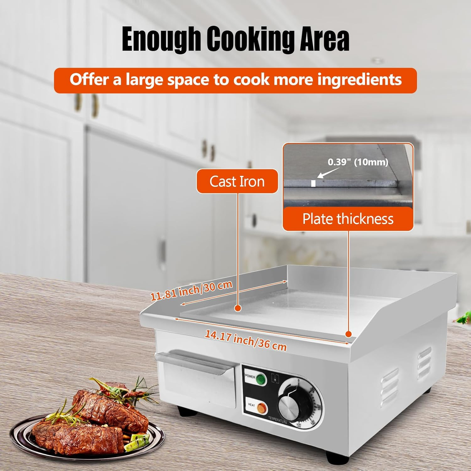 14″ Commercial Electric Griddle,Electric Countertop Flat Top Griddle,110V 1500W
