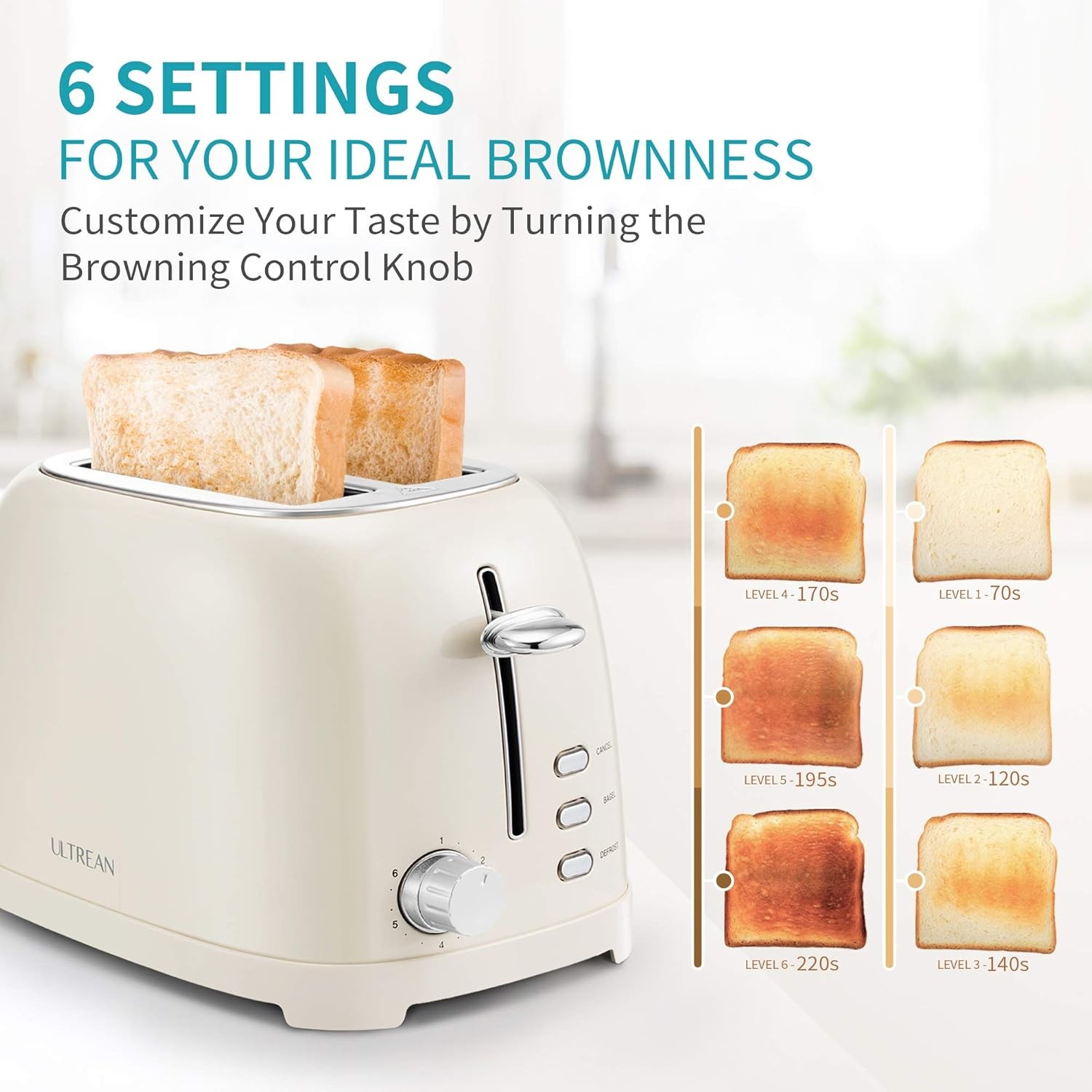 Ultrean Toaster 2 Slice with Extra-Wide Slot for Toasting Bagels, Cream