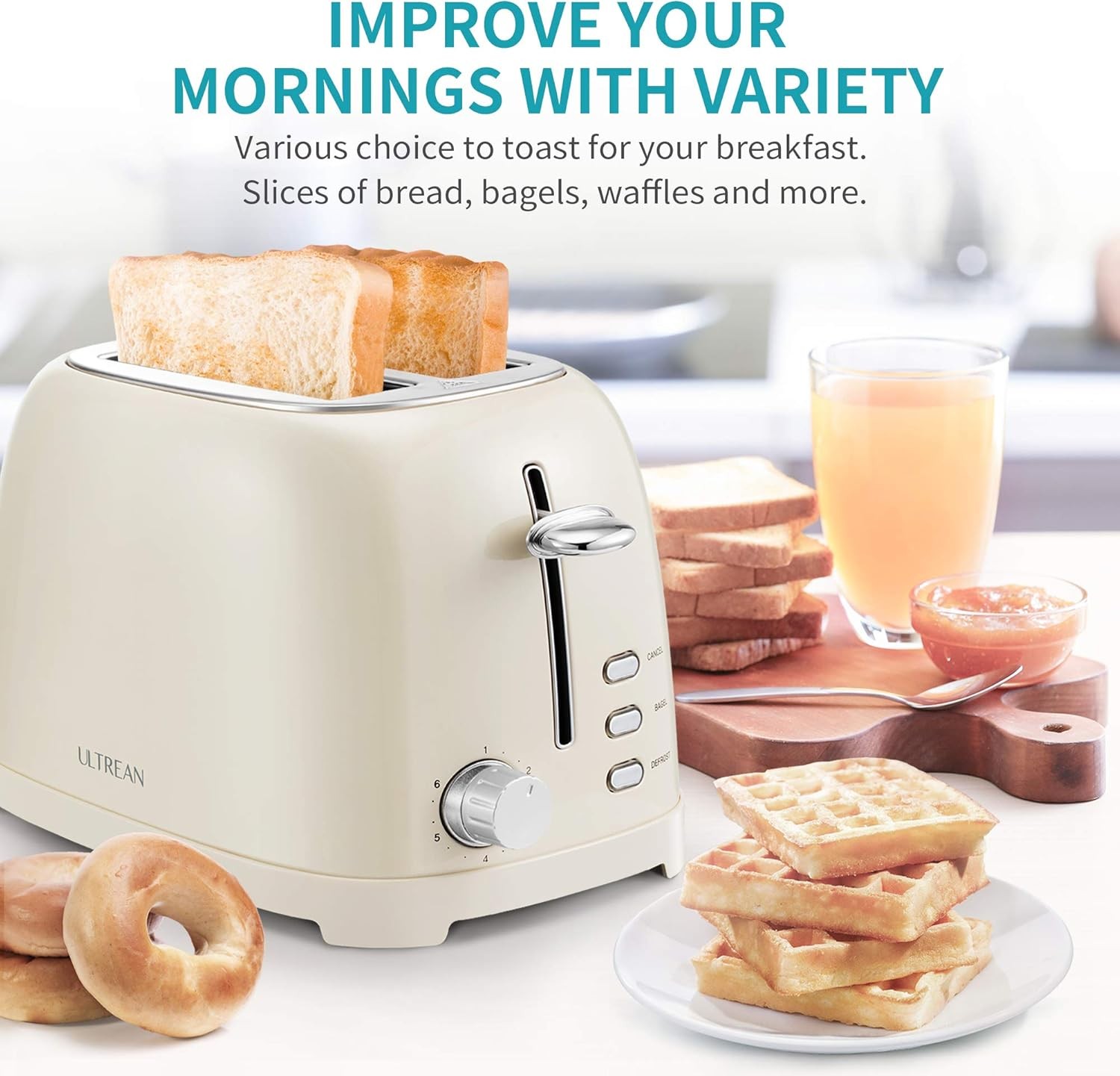 Ultrean Toaster 2 Slice with Extra-Wide Slot for Toasting Bagels, Cream