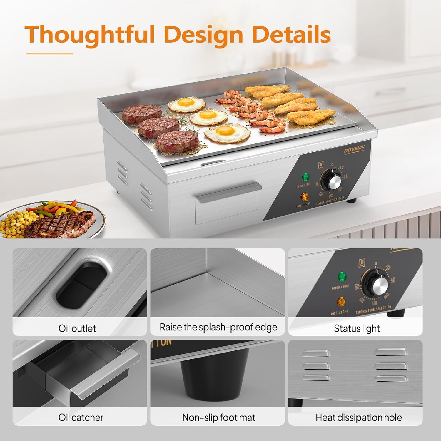 18″ Electric Countertop Flat Top Griddle 1500W Electric Griddle Teppanyaki