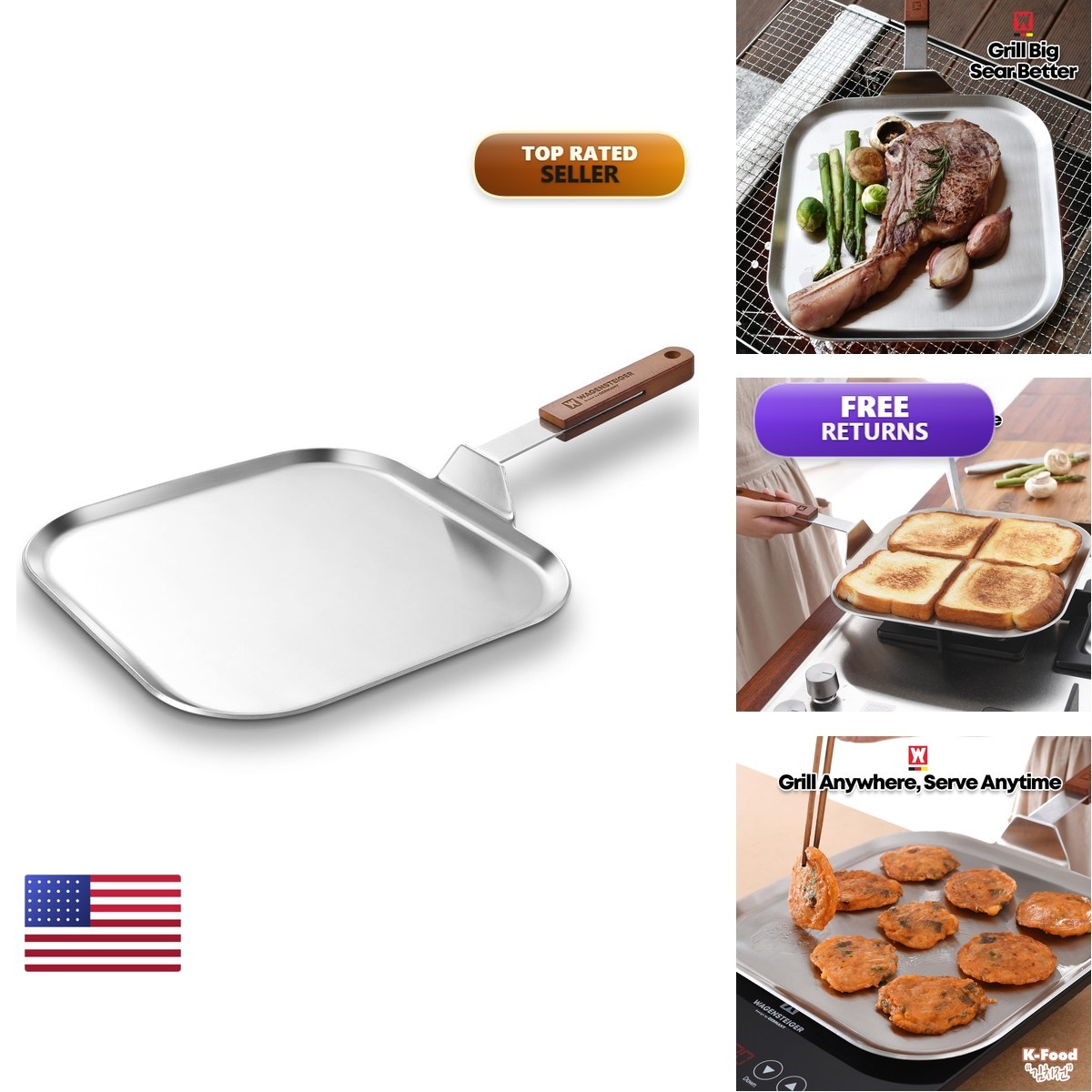 Wagensteiger Stainless Steel Square Griddle Pan/Plate Wooden Handle 3-Ply