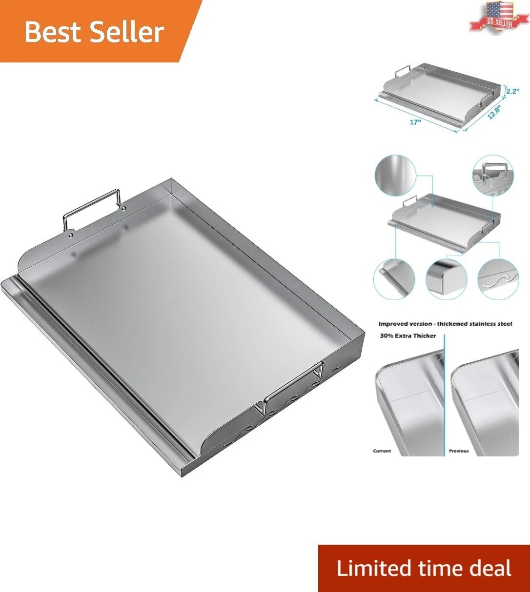 Professional Grade Stainless Steel Griddle with Even Heating Bracing – 17″ x 13″