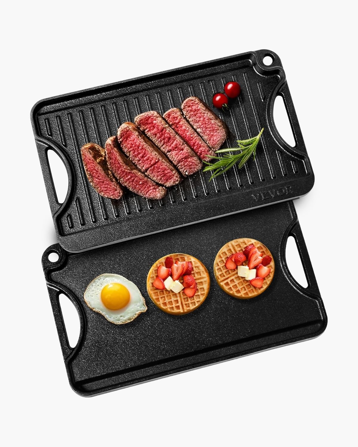 Reversible Grill/Griddle, 14X8.5 Inch Pre-Seasoned Cast Iron Griddle, Portable..
