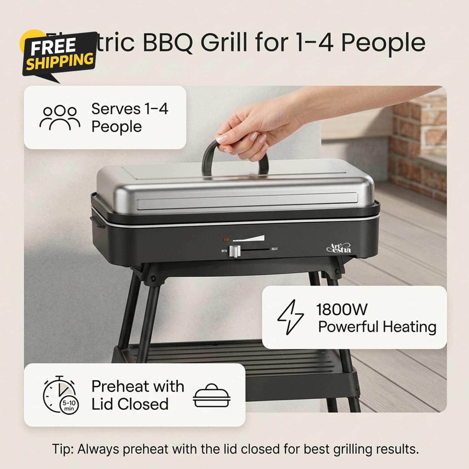 1800W Smokeless Electric Grill Indoor Outdoor Nonstick BBQ Adjustable Temp RV
