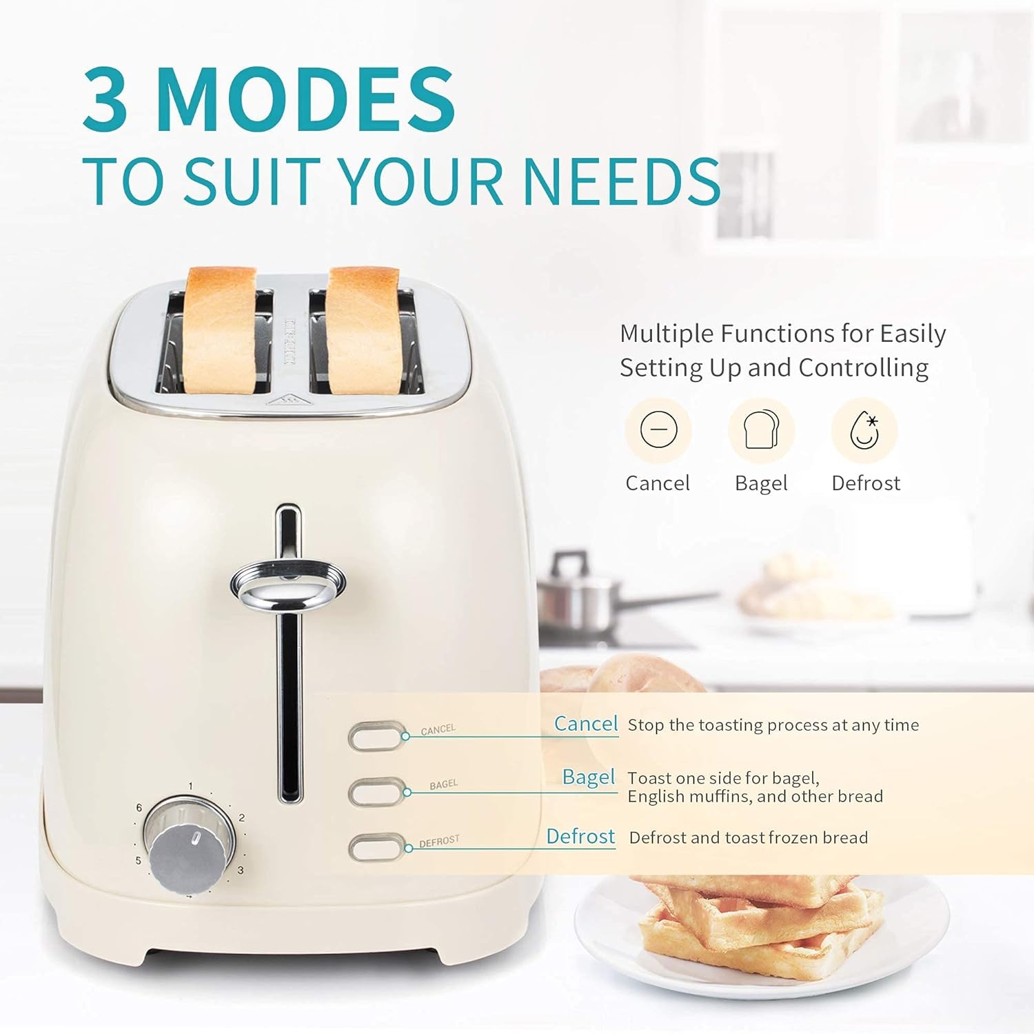 Ultrean Toaster 2 Slice with Extra-Wide Slot for Toasting Bagels, Cream