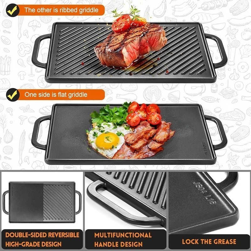 Reversible Cast Iron Grill Griddle Indoor Outdoor Cooking Pan Heavy Duty New