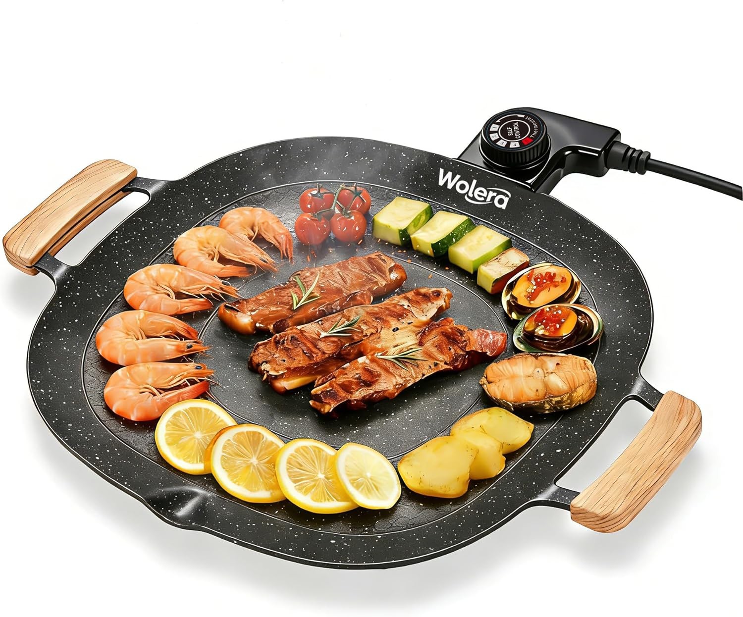 Smokeless Indoor Electric BBQ Grill W/ Wooden Handles – Adjustable Temp Nonstick