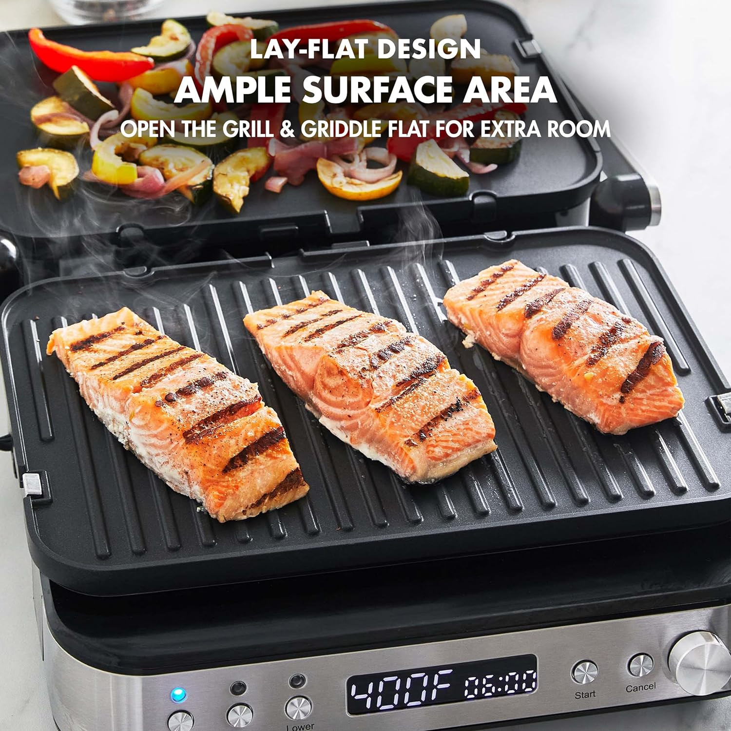 Electric Indoor Stainless Steel 6-In-1 Contact Grill and Griddle, Healthy Cerami