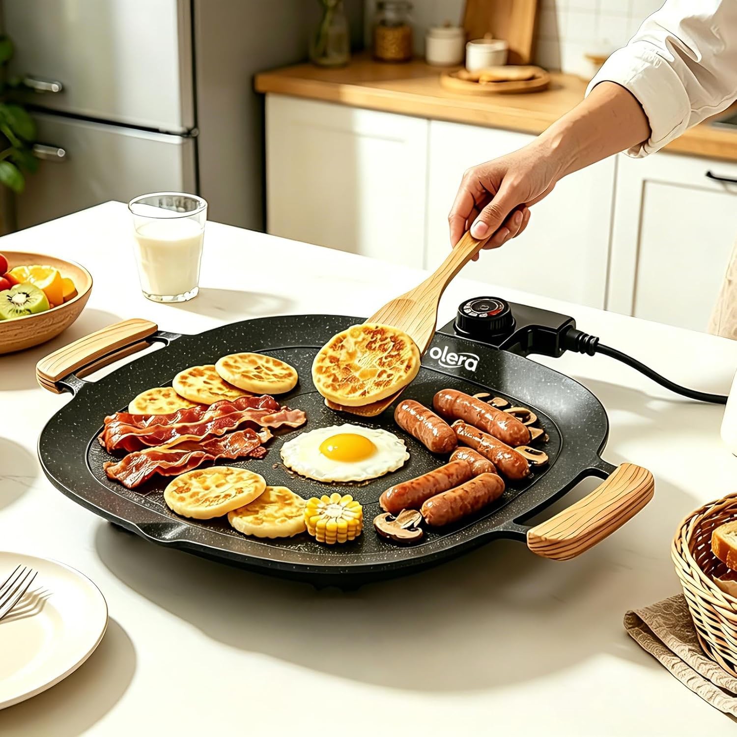 Smokeless Indoor Electric BBQ Grill W/ Wooden Handles – Adjustable Temp Nonstick