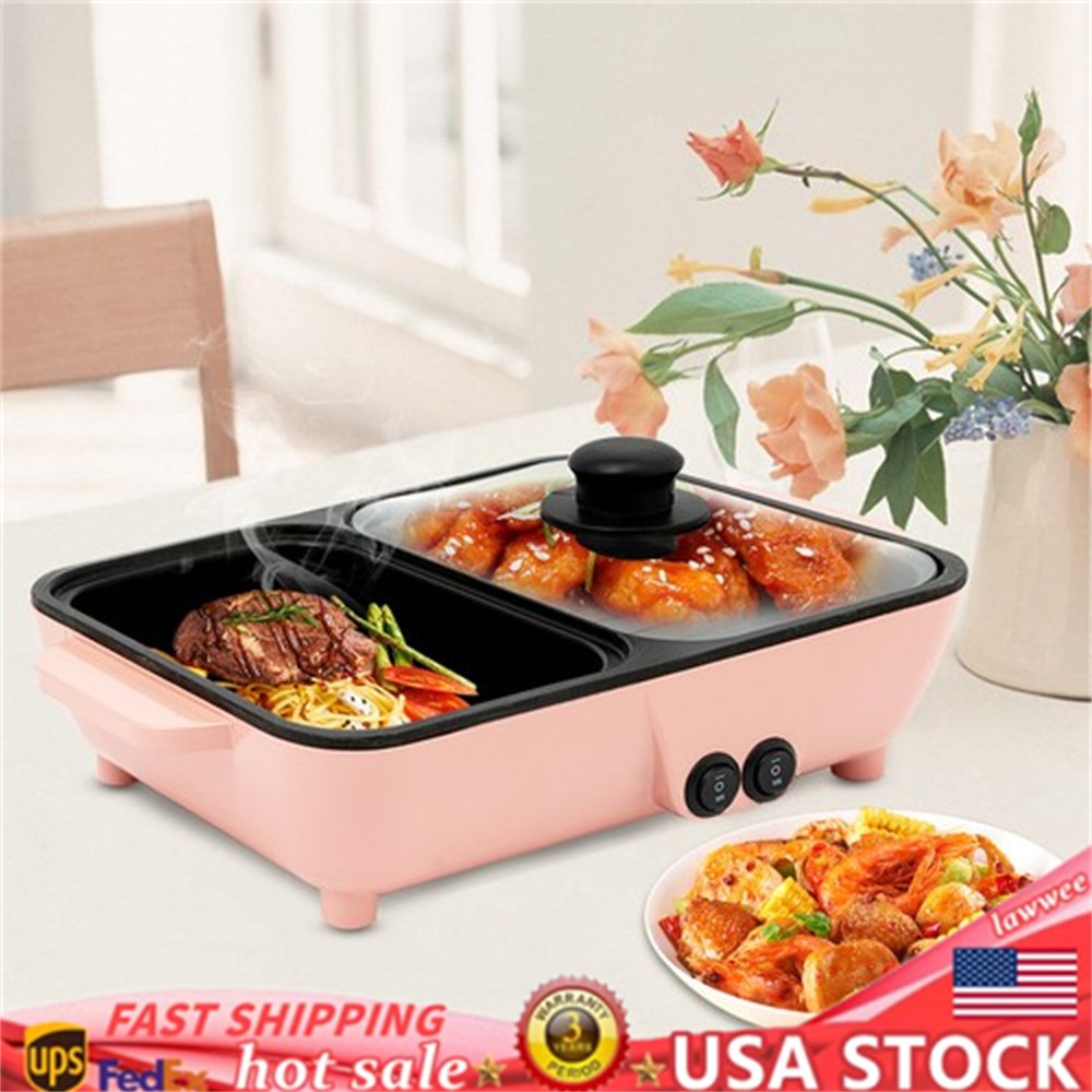 1200W 2-In-1 Electric Hot Pot & Grill Smokeless Korean BBQ Non-Stick Pot w/ Lid