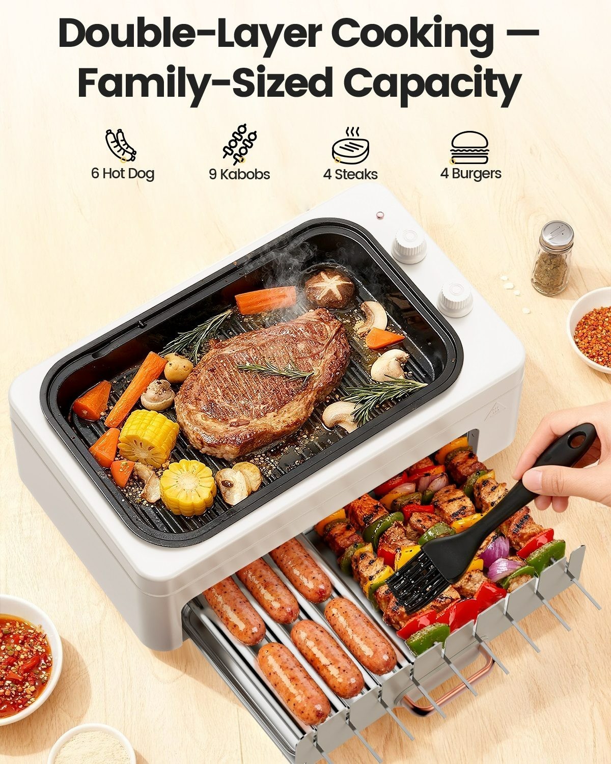 4in1 Indoor Electric Smokeless Grill BBQ with Non-Stick Pan Kabob Skewers hotdog