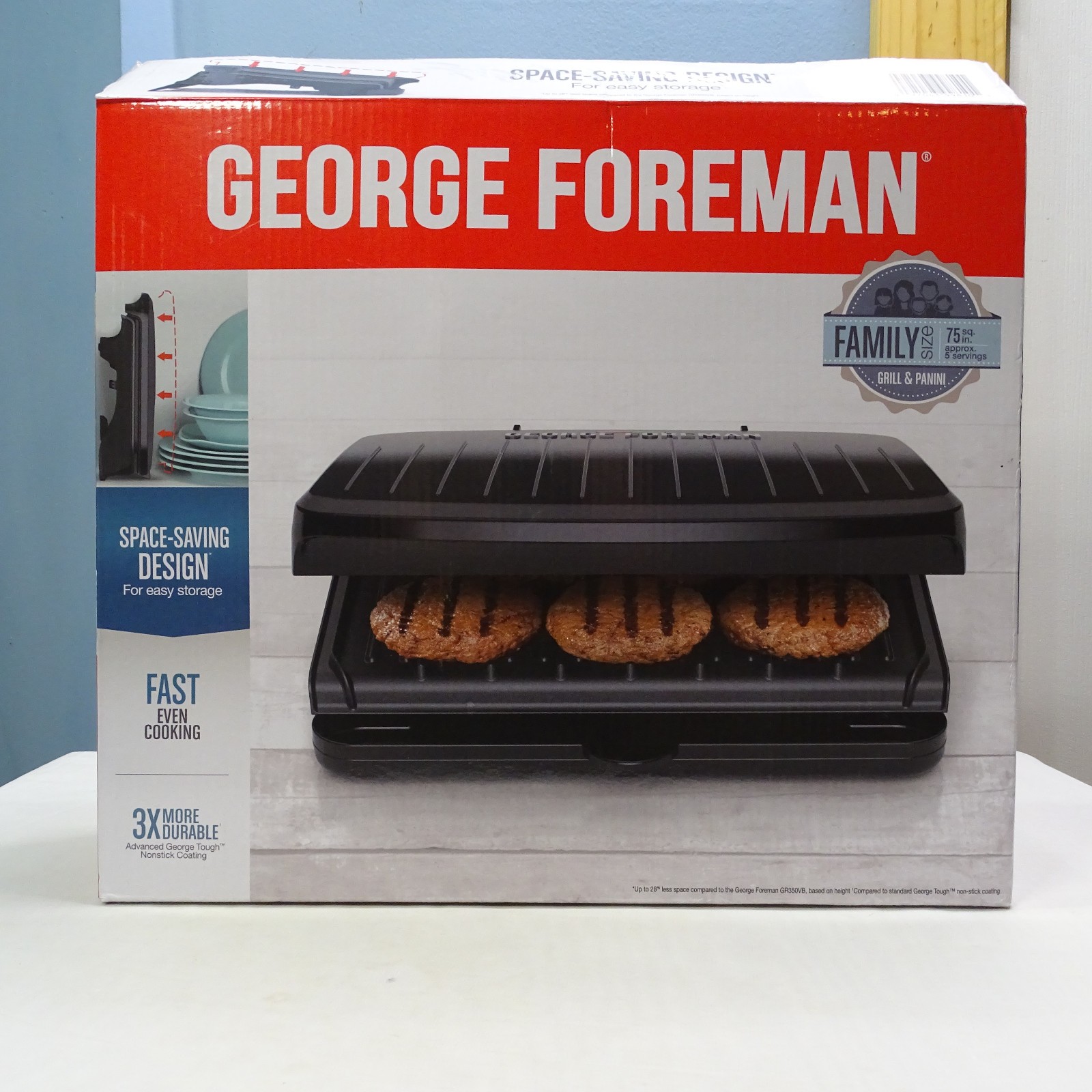 George Foreman Family Size Grill & Panini GRS075B, 75 sq in – New, Open Box