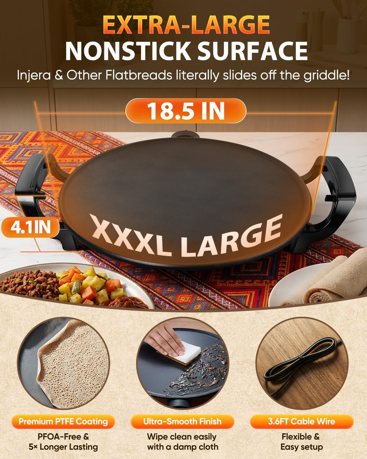 Ethiopian 18.5″ Injera Maker Mitad (Mogogo), Electric Griddle with Adjustable Te