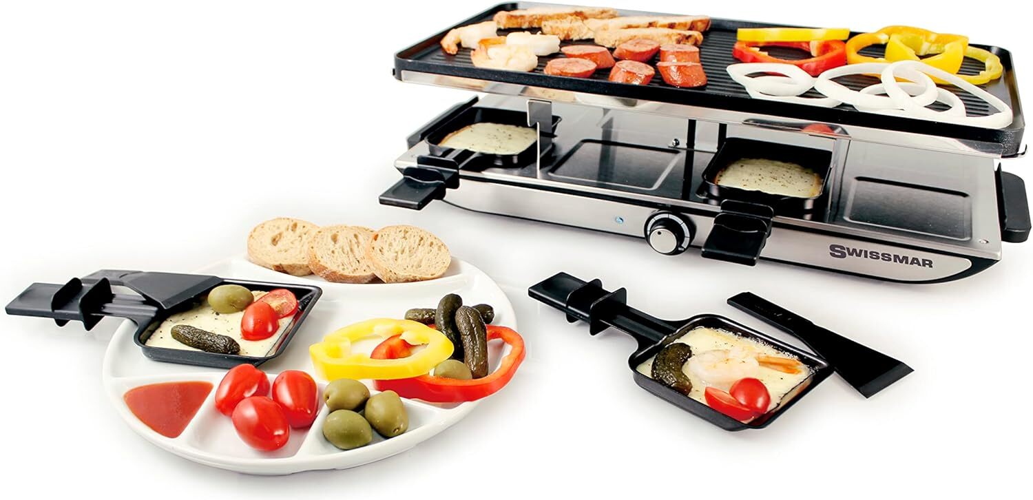 Swissmar Geneva Raclette with Reversible Cast Aluminum Grill 8 Person, Silver