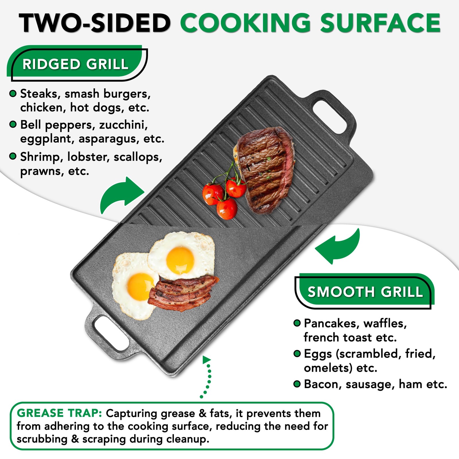 ProSource 2-in-1 Reversible 19.5″ x 9″ Cast Iron Griddle Preseasoned Non-Stick