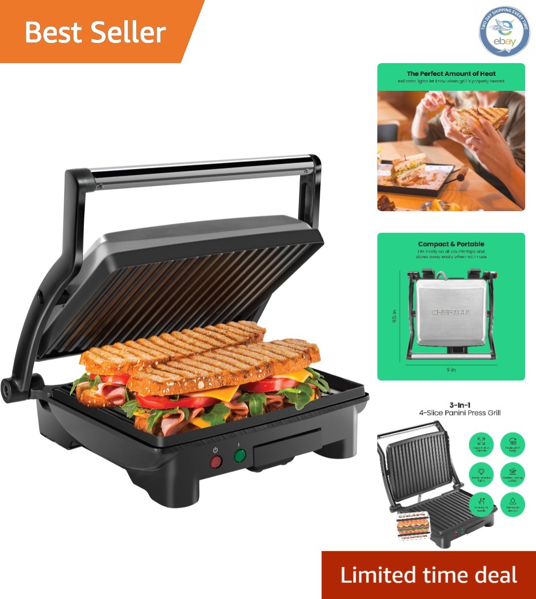 Versatile Non-Stick Gourmet Sandwich Maker – 4 Slice with Easy Clean Drip Tray