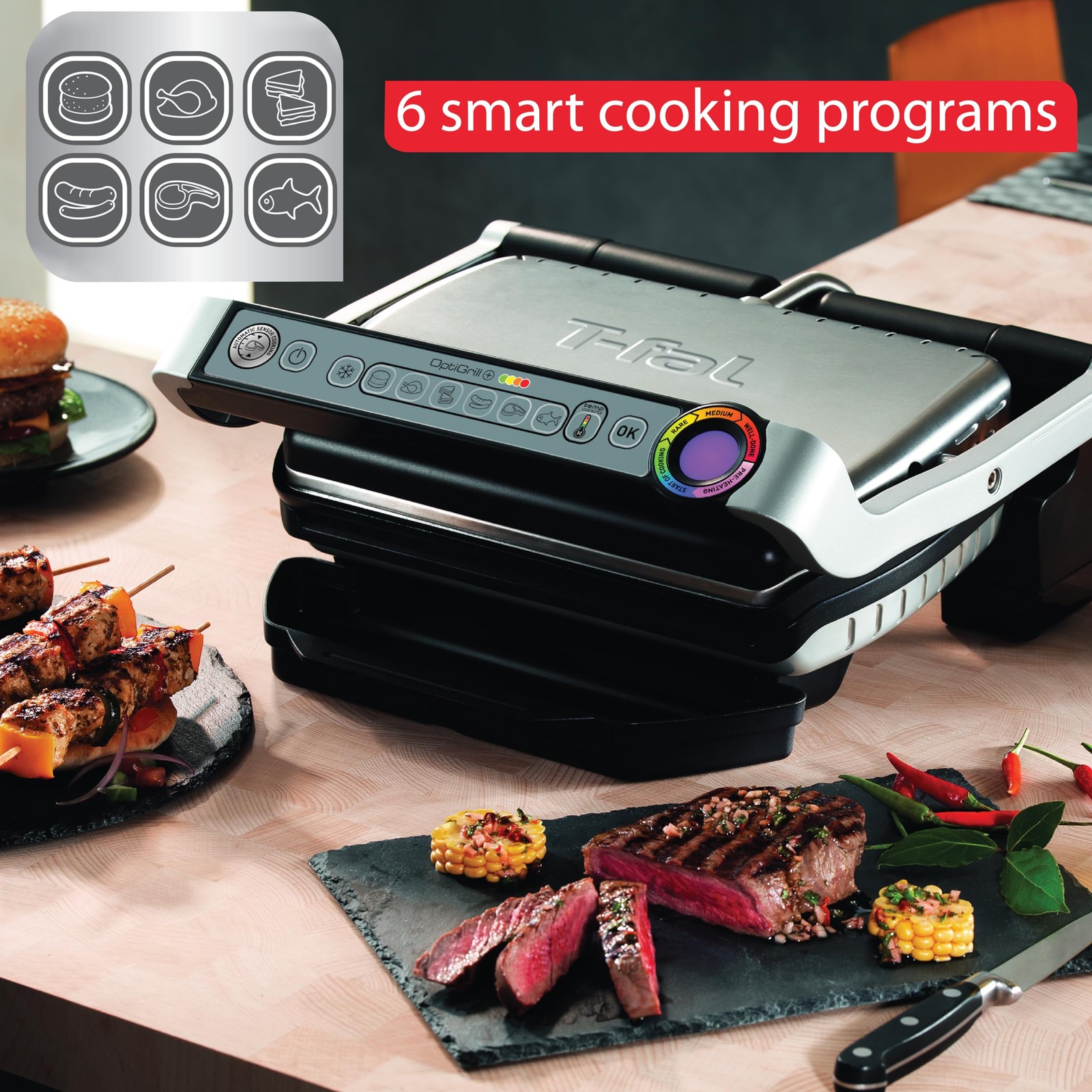 T fal OptiGrill XL Electric Indoor Grill Smart Sensor Technology Nonstick 4 S…