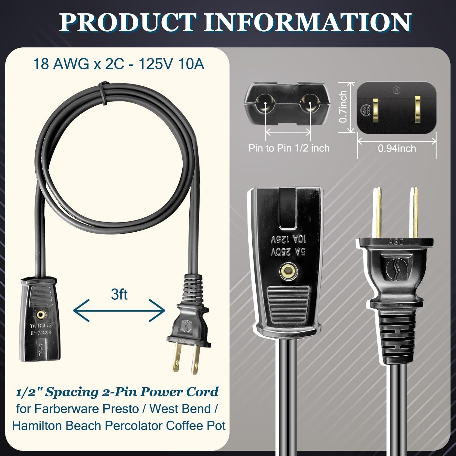 3ft Long 2 Pin 1/2 Inch Spacing Power Cord for Rival Indoor Smokeless Grill
