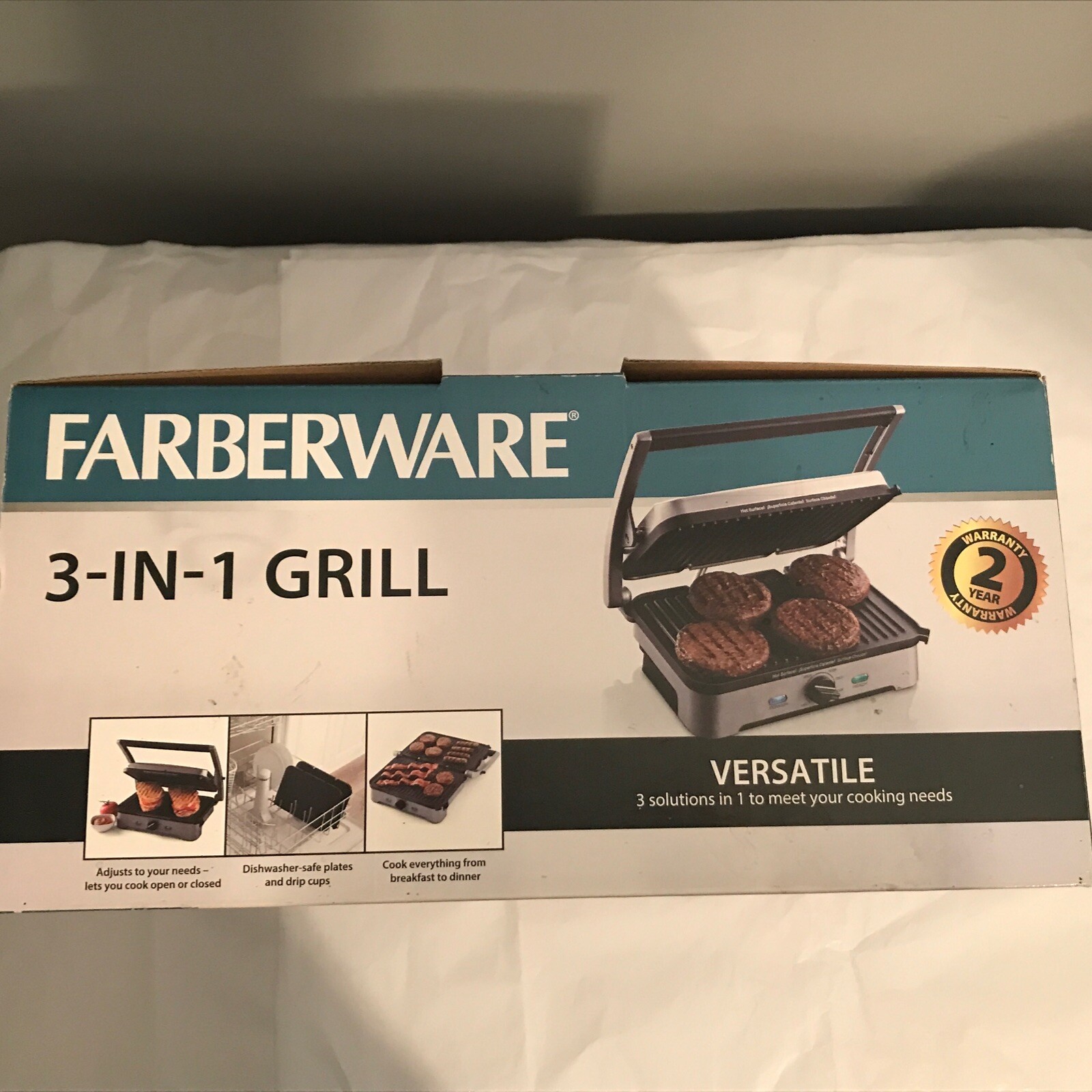 Farberware 3-in-1 NonStick Grill Panini Press Compact Grill Dishwasher Safe New