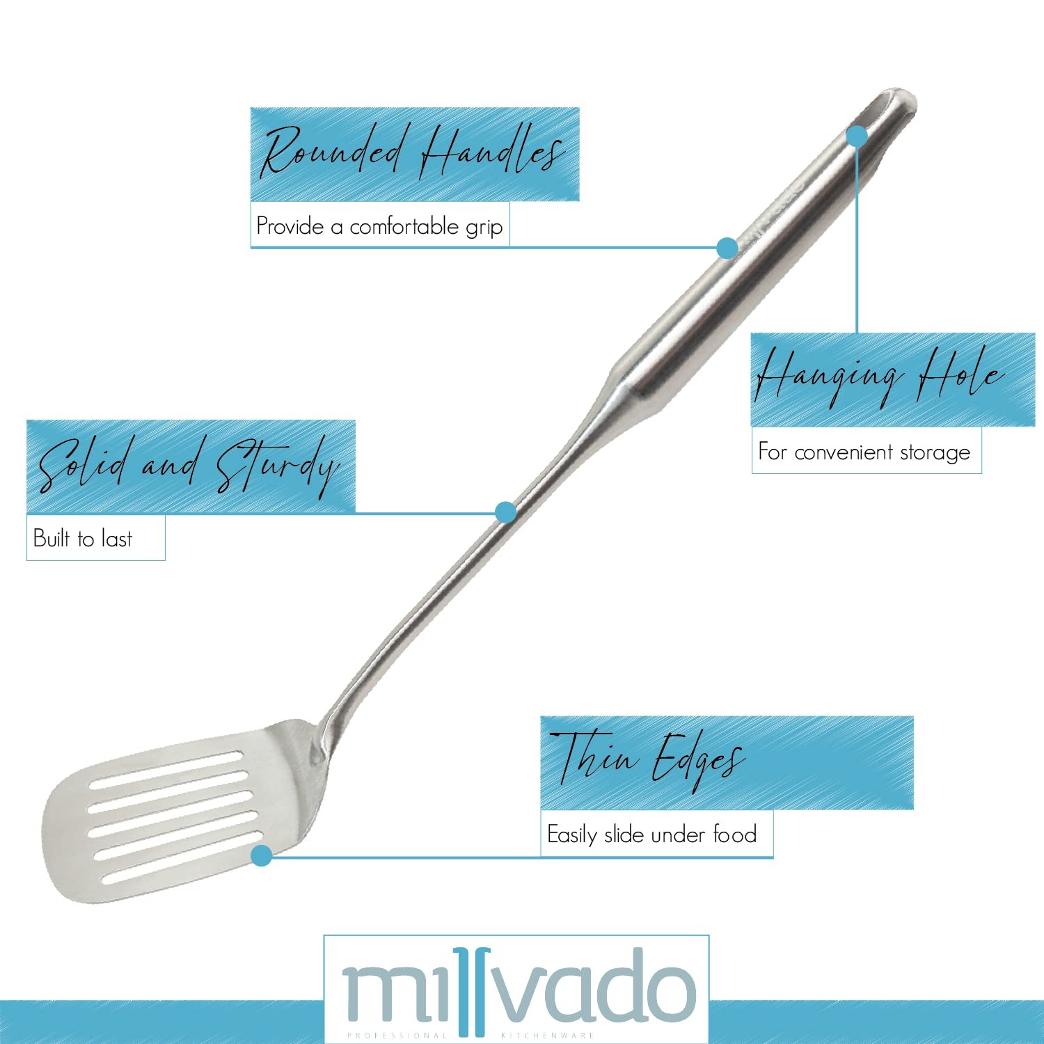Millvado Stainless Steel Cooking Spatula,15 Inch Metal L, Slotted Turner