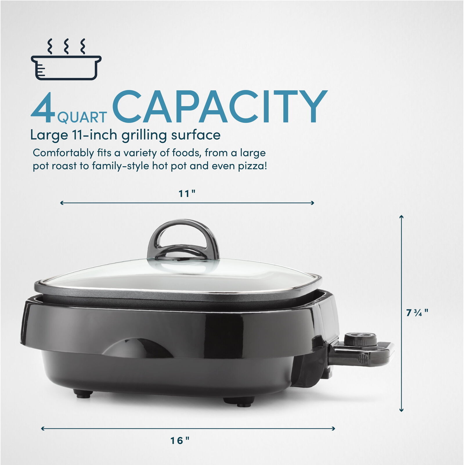 4-Quart 3-in-1 Grillet Grilling Slow Cooking Steaming Simmering Serving 1 Knob