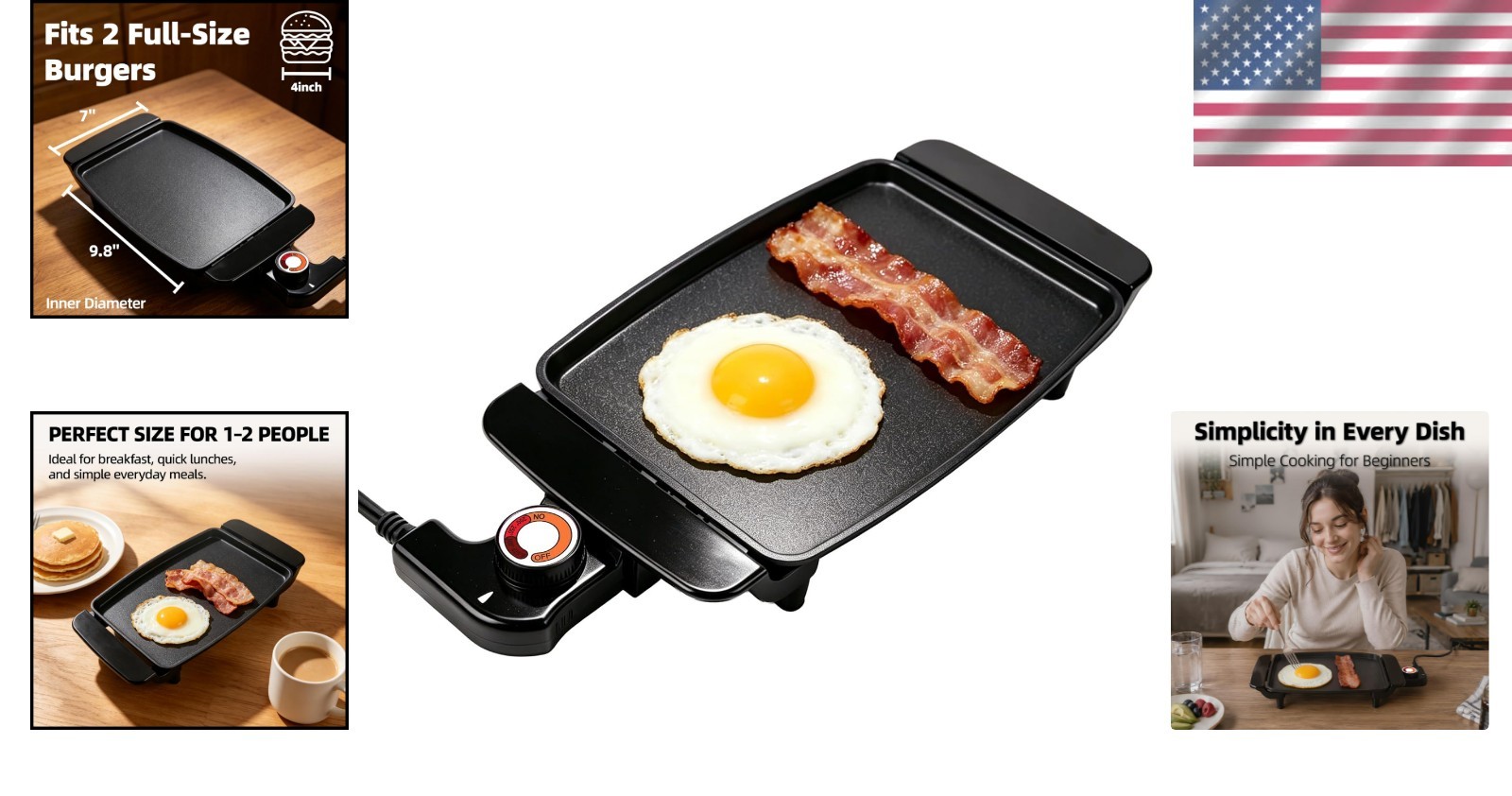 10 Inch Compact Electric Griddle – Non-Stick, Adjustable, 1200W for Easy Cooking
