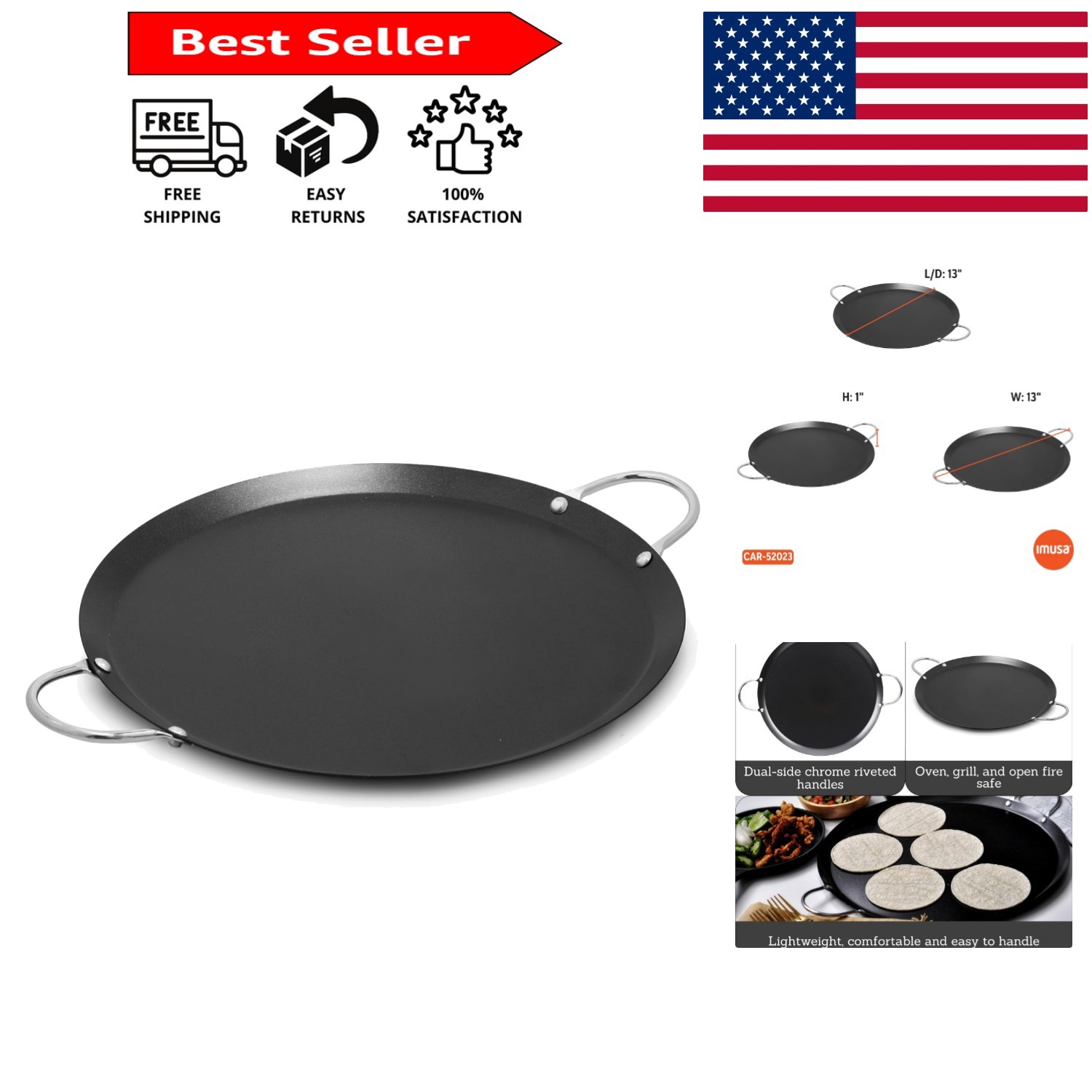 Lightweight 13.5in Carbon Steel Comal with Metal Handles – Ideal for Breakfast