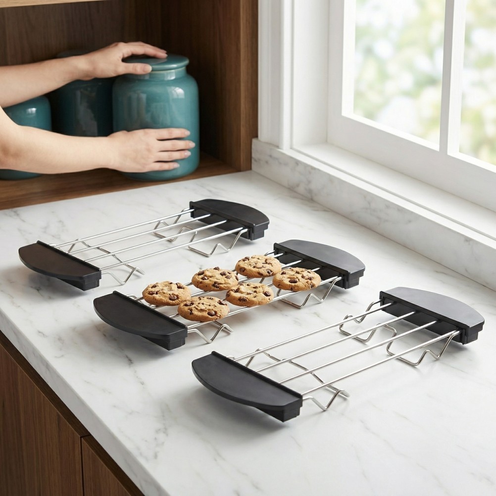 3Pcs Black Stainless Steel Toast Stand Cooling Grid for Home Kitchen Use