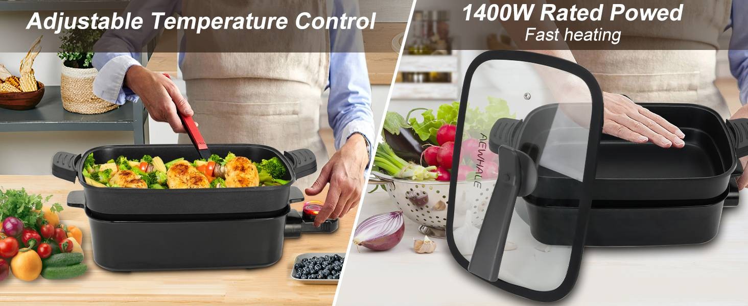 3-in-1 Multifunctional Electric Grill,Electric Skillet Nonstick with Lids 1400W