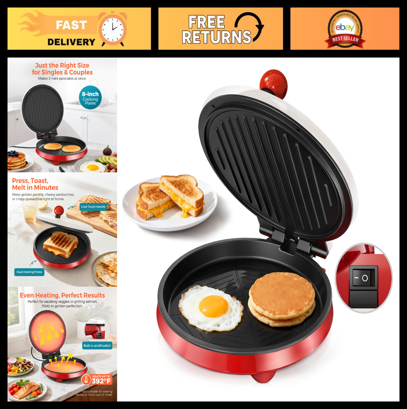 3-in-1 Nonstick Electric Griddle & Sandwich Maker – 8″ Panini Press, 180° Open D