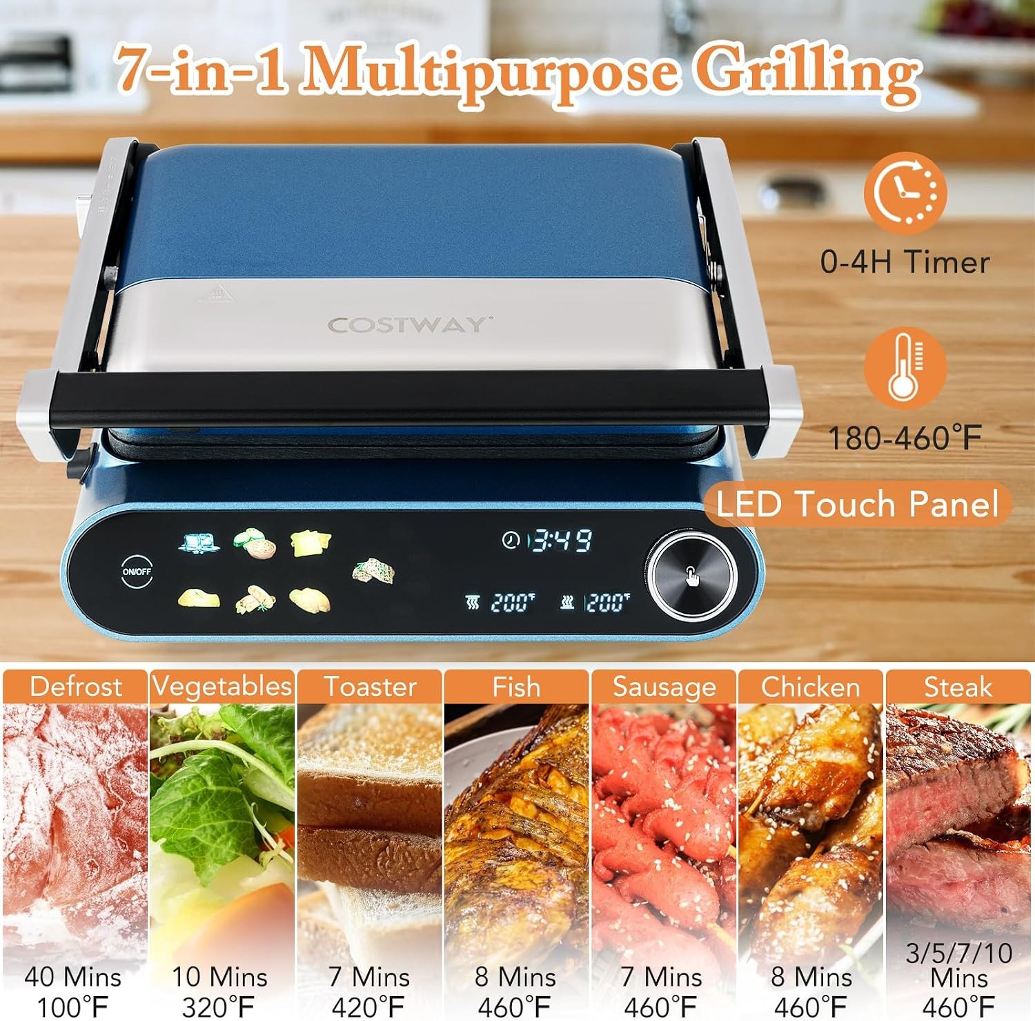 Panini Press 1200W Sandwich Maker W/ LED Touch Panel Non-Stick Coated Plates