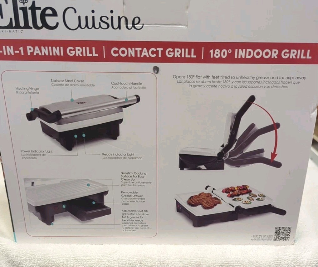 Elite Cuisine Non-Stick Electric Indoor Flat Grill And Panini Press New Open Box