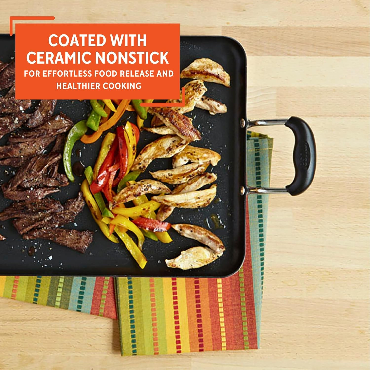 19×12″ Black Aluminum Double Burner Griddle with Nonstick Ceramic Coating