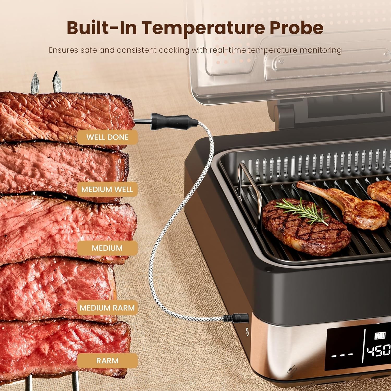 2-in-1 Indoor Grill Griddle Smokeless Electric Temp Probe Black – NIB