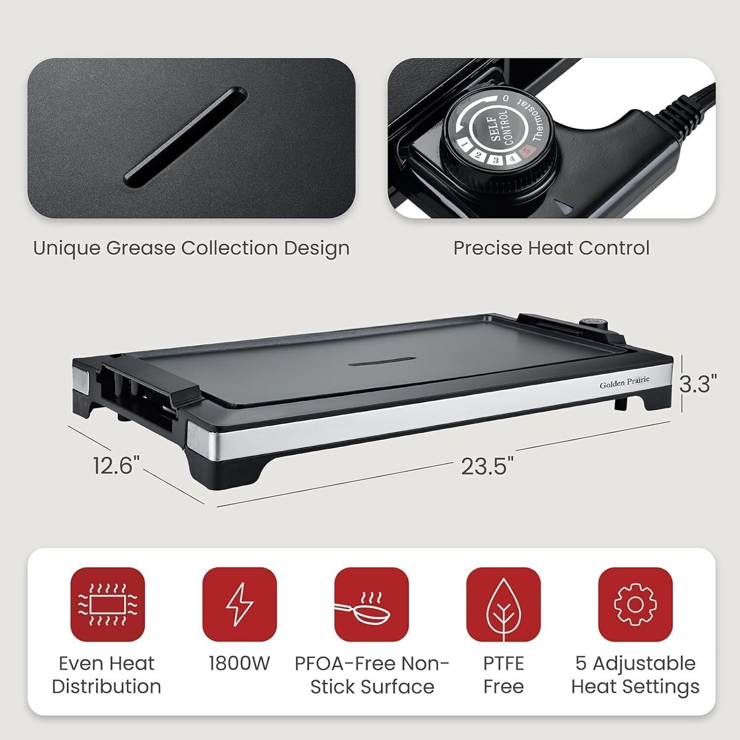 1800W BBQ Grill 5 Levels Adjustable Temperature Smokeless Griddle Cooking Plate
