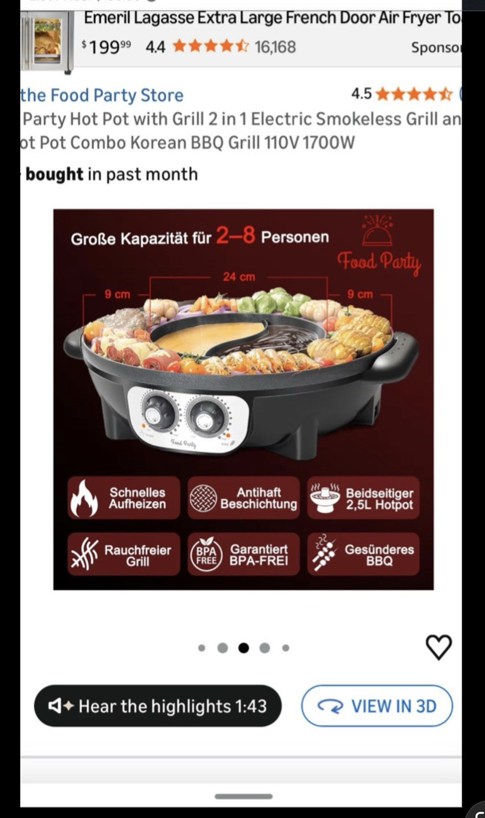 Food Party Smokeless Electric Grill & Hotpot FPJ202 Black Oval Indoor