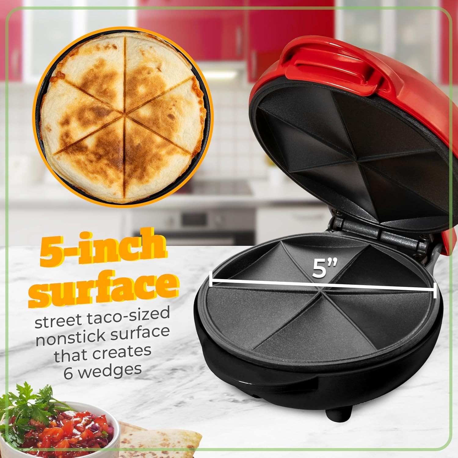 Red 5-Inch Quesadilla Maker with Non-Stick Coating, 6-Wedge Cooking Surface