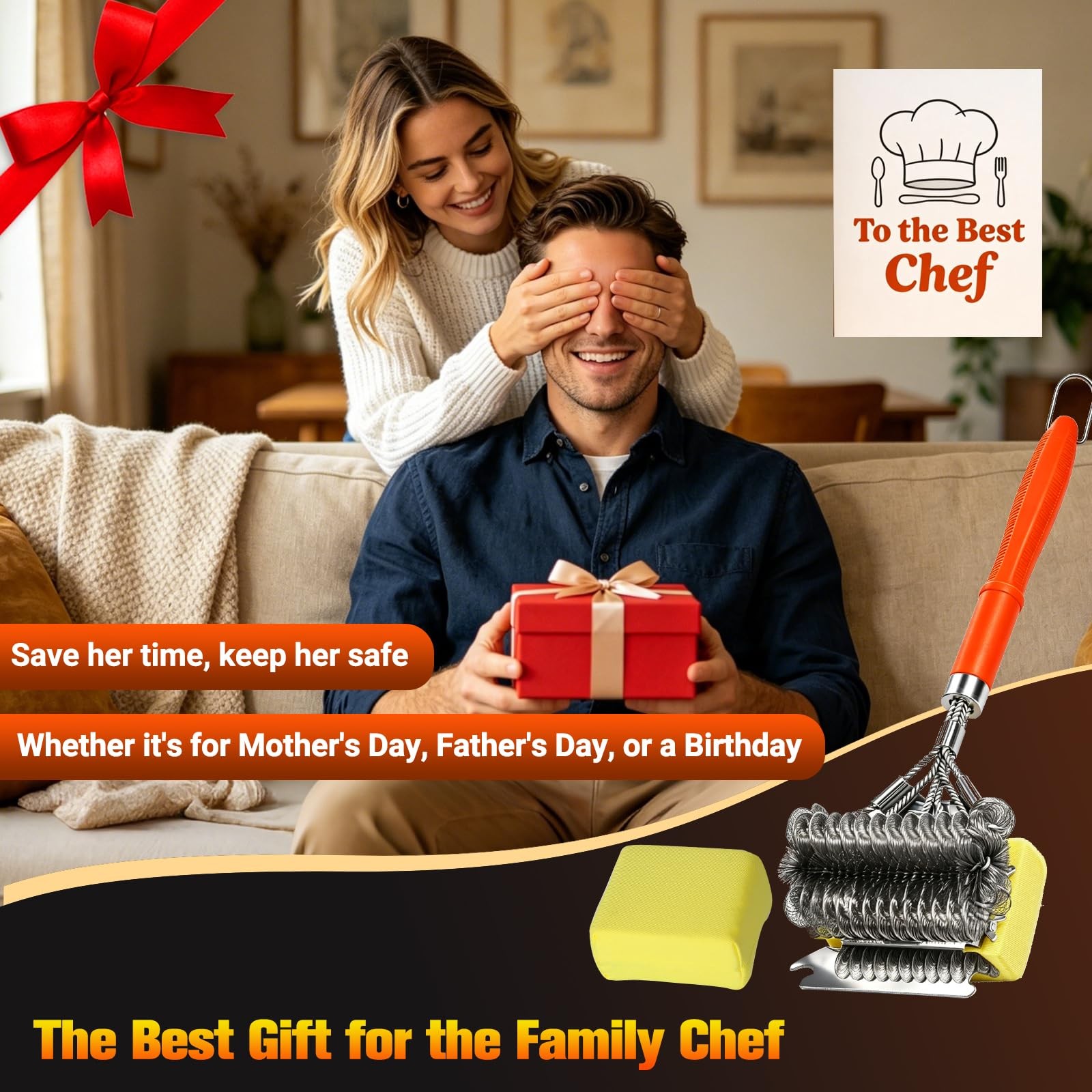 Magnetic 3-in-1 Grill Brush with Power Press Handle & Lock 18 inches, Orange