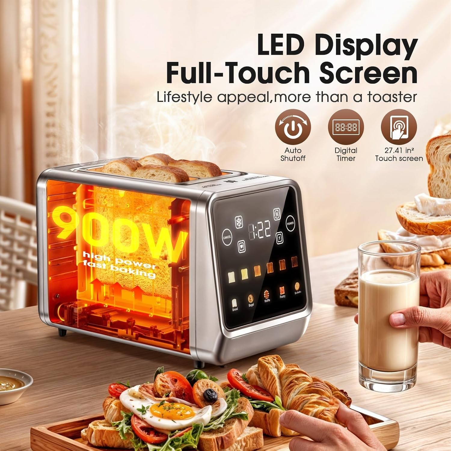 Touch Screen Toaster 2 Slice, Stainless Steel 2 Slots 2 Silver-Black