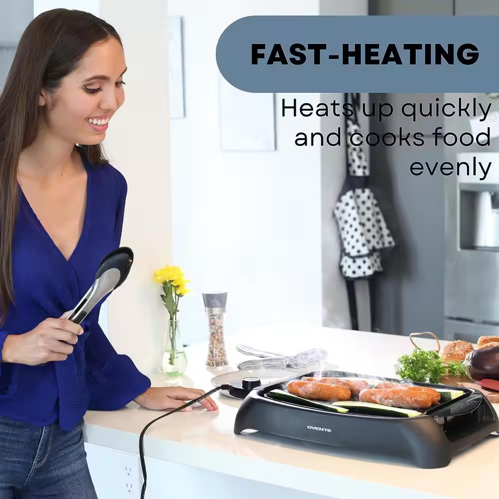 OVENTE Portable Electric Indoor Grill with Non-Stick Grilling Plate Black 1000-W
