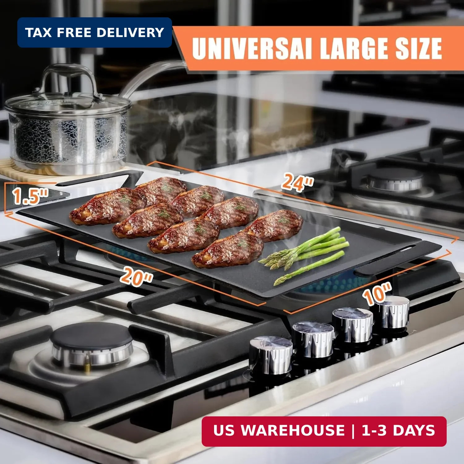 24” Carbon Steel Griddle, Professional Pre-seasoned Cookware for Double Burner