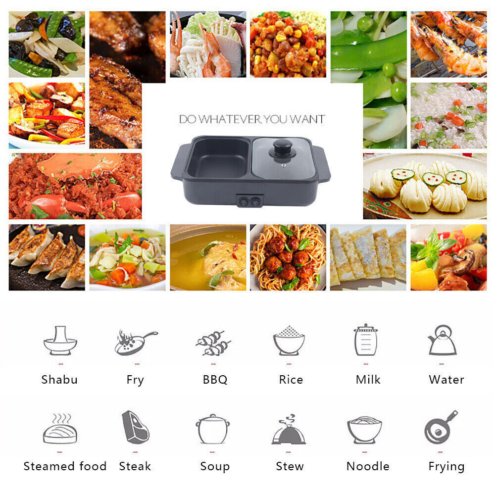 1200W Electric Mini 2-in-1 Hot Pot BBQ Grill Kitchen Smokeless Shabu Cooking Pan