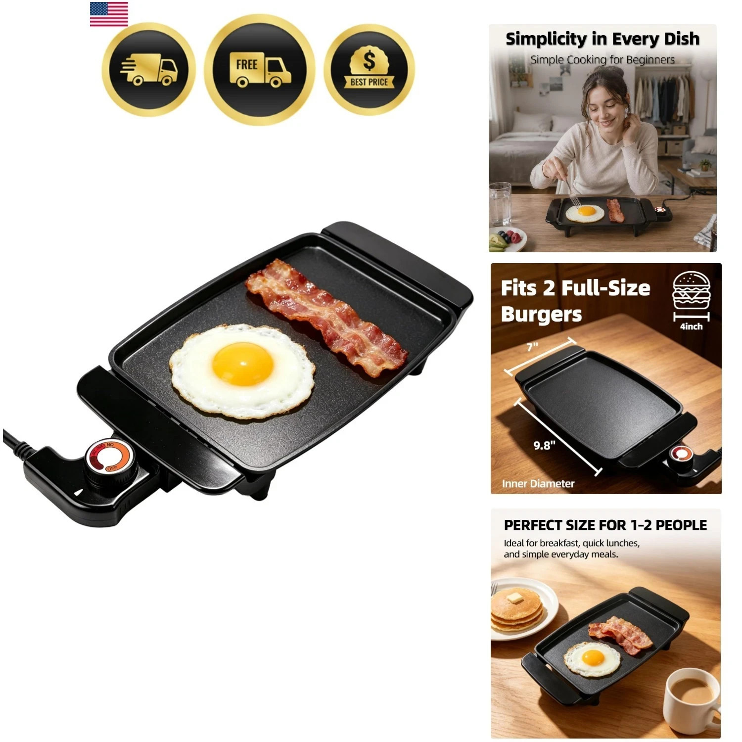 10 Inch Compact Electric Griddle – Non-Stick, Adjustable, 1200W for Easy Cooking