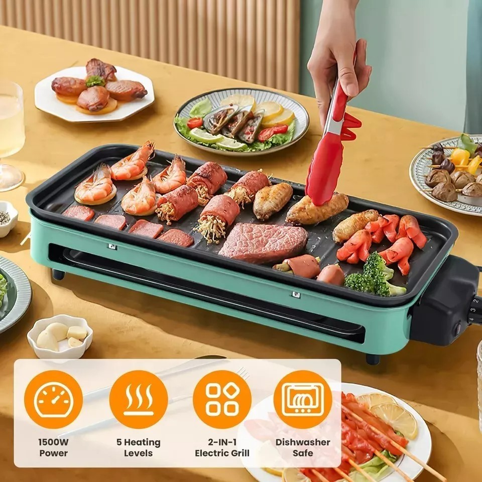 1500W Electric Indoor Grill 2 in 1 Electric BBQ Gill with Grill Net Removable Pl