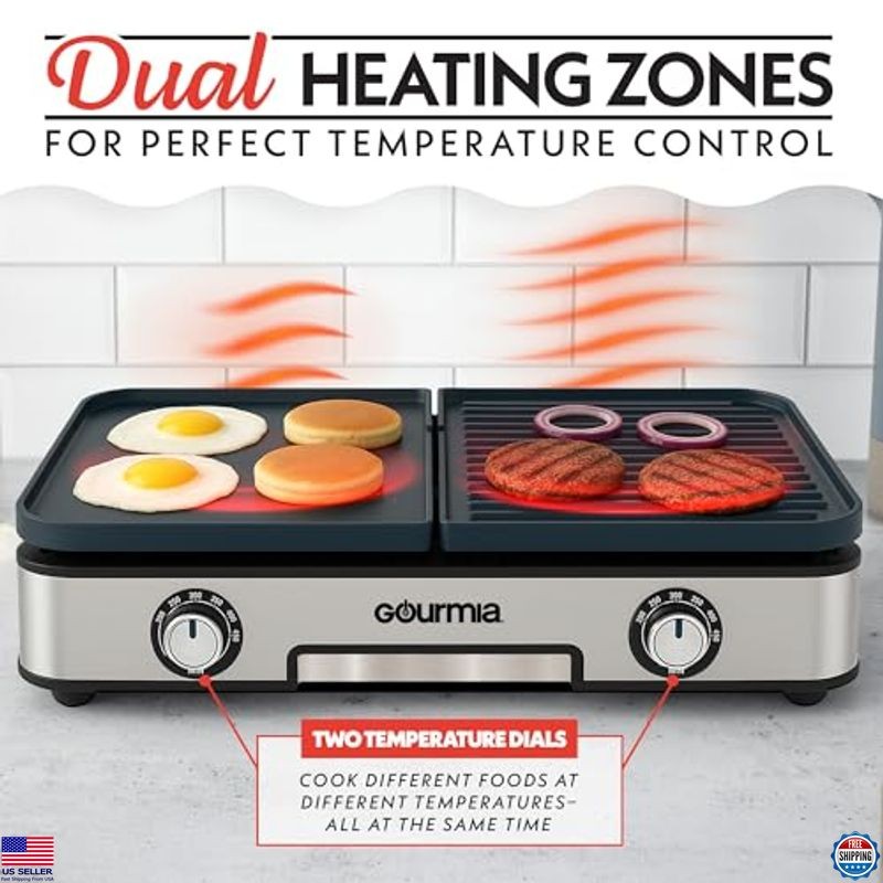 3-in-1 Electric Indoor Grill/Griddle, Dual Cooking Zones, Nonstick Plates
