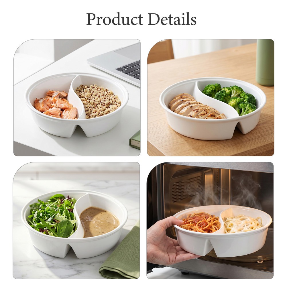 Ceramic Portion Control Dinner Bowl Microwave Safe with Dry Wet Separation White