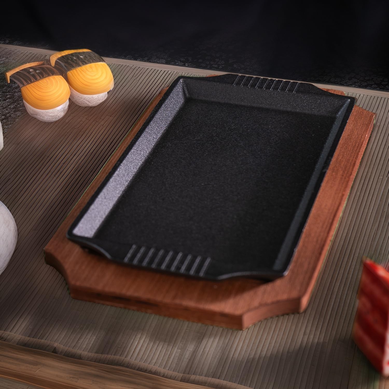 Cast Iron Steak Plate Sizzle Griddle Wooden Base Rectangular Pan 10 Inch