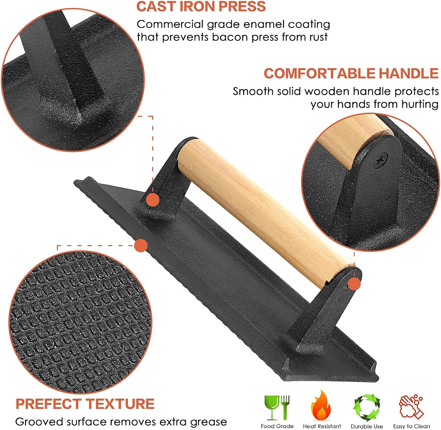 Bacon Hamburger Press for Griddle Flat Top Teppanyaki, Pre Seasoned 8 X 4In Cast